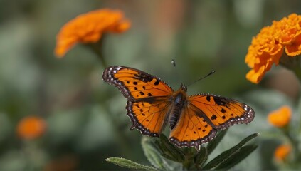 Obraz premium closeup shot of a beautiful butterfly with interesting textures on an orange-petaled flower