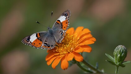 closeup shot of a beautiful butterfly with interesting textures on an orange-petaled flower