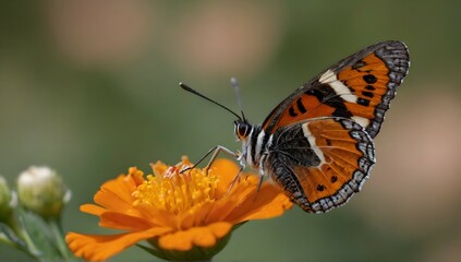 Fototapeta na wymiar closeup shot of a beautiful butterfly with interesting textures on an orange-petaled flower