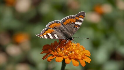 Obraz premium closeup shot of a beautiful butterfly with interesting textures on an orange-petaled flower