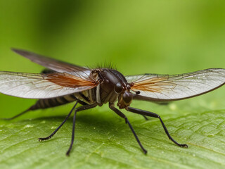 Closeup on a dance fly, Empis livida sitting on a green leaf

