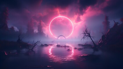Fototapeta premium 3d render, abstract fantasy background. Unique futuristic landscape with round geometric shape glowing with bright neon light, colorful clouds, and water 