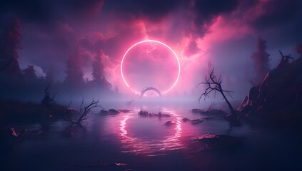 3d render, abstract fantasy background. Unique futuristic landscape with round geometric shape glowing with bright neon light, colorful clouds, and water
