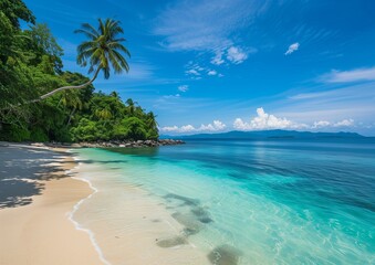 Fototapeta premium Serene Tropical Beach Paradise with Clear Blue Water and Lush Greenery