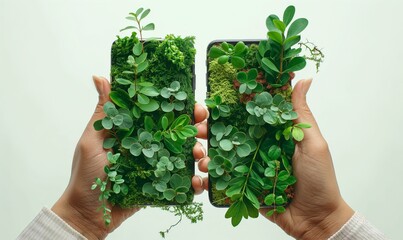 two hands holding smartphones end to end touching from opposite sides, with lush green plants 