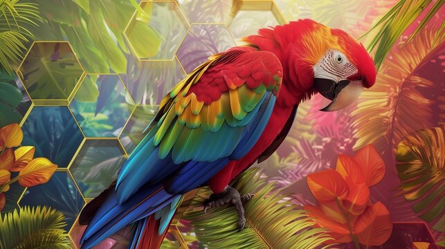 A parrot among hexagonal feather tiles in a vibrant rainforest.
