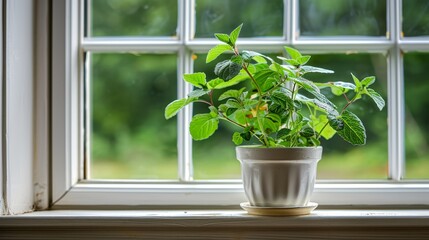   A potted plant on a window sill, next to a window with a pane in the background