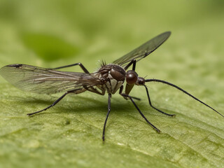 Closeup on a dance fly, Empis livida sitting on a green leaf

