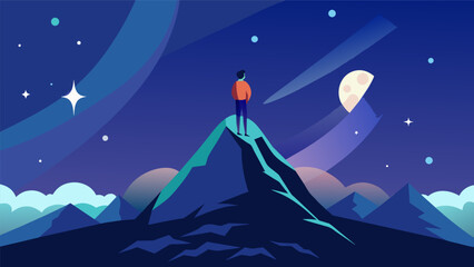 Fototapeta premium A solitary figure perched on a mountain top gazing up at the ling stars and feeling a sense of peace and connection to the universe..