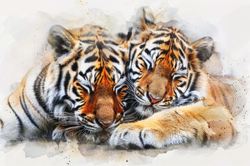 water color of tiger family in a nature, illustration painting.