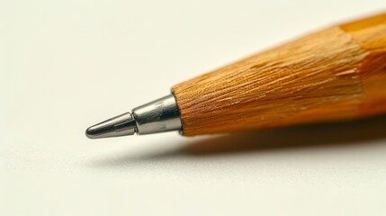   A close-up of a wooden pencil with its point directed at the camera.A pen's tip, pointed towards the camera, is shown in this close-up (For