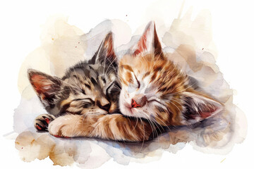 water color of baby cats on a while paper background, illustration painting.