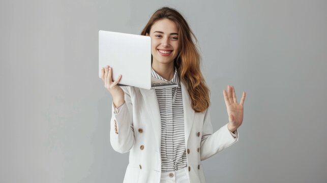 Naklejki Young Woman Holding Laptop