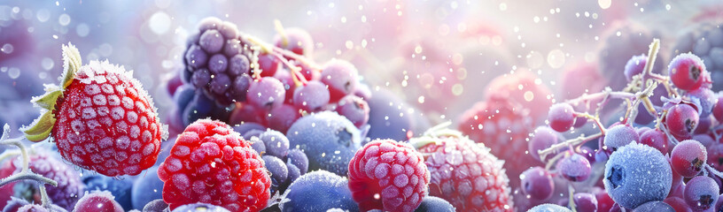 Frozen blueberries, raspberries, strawberries. Banner with healthy food.