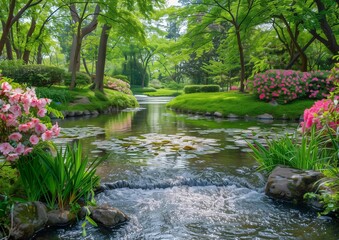 Serene Japanese Garden with Flowering Shrubs and Tranquil Pond