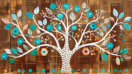 Whimsical tree mural on oak with white lattice, vibrant leaves, and a detailed floral background.