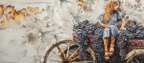 Fototapeta premium Watercolor banner with a cute girl sitting in a wooden cart and grape branches. Harvest concept.