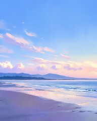 Early morning beach, realistic watercolor, pastel sky tones, gentle light, panoramic view , illustration style