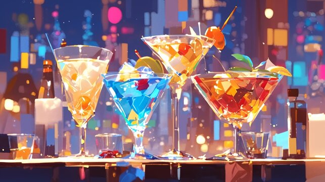 Cocktail party, watercolor, chic bar, neon lights, side angle, sophisticated flair , cartoon style