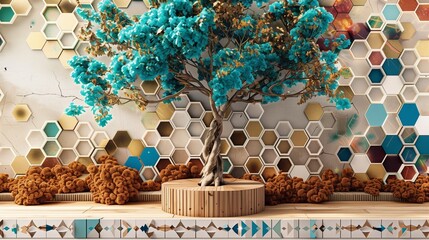 Oak mural with an ethereal tree, white lattice, and a vibrant blend of foliage and hexagons.