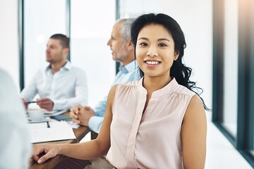 Businesswoman, smile and portrait for law firm with plans, colleagues and team in Indonesia. Female...