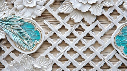 Oak mural adorned with white lattice, turquoise accents, and floral hexagonal patterns.