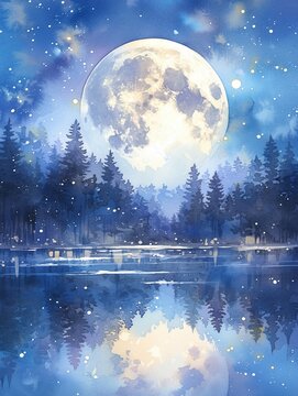 Moonlit lake, watercolor, forest silhouette, silver moon reflection, peaceful night, side angle , cartoon style