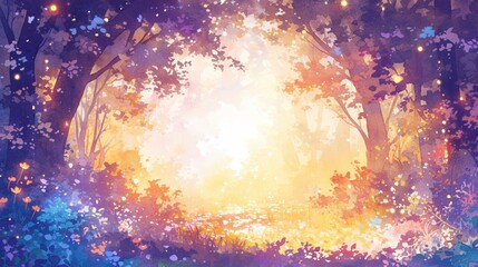 Naklejka premium Whispering woods, watercolor, rainbow mist, mystical paths, early morning, eye level , minimalist