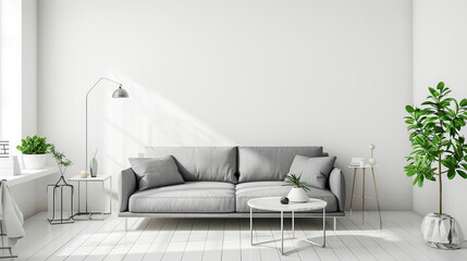 Grey sofa at white apartment, living room in simple style. Generative Ai