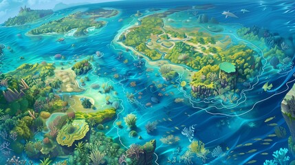 Eco-themed topographic map, highlighting vibrant coral reefs and dense mangrove forests as key...