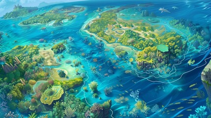 Fototapeta premium Eco-themed topographic map, highlighting vibrant coral reefs and dense mangrove forests as key elements in navigation.