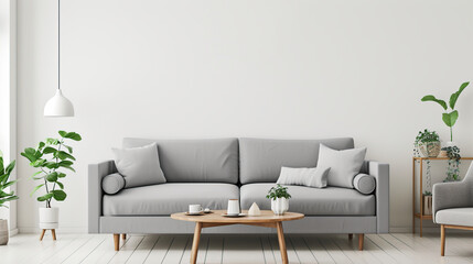 Grey sofa at white apartment, living room in simple style. Generative Ai