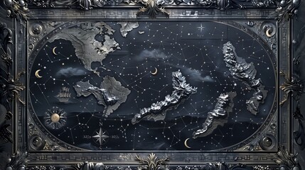 Intricate Gothic maritime map, dark tones with detailed silver inlays showing celestial navigation guides over ominous seas.