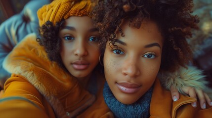 Obraz premium Affectionate Afro Girl Embracing Her Mother While Capturing a Heartfelt Selfie on the Sofa: Love and Warm Hugs