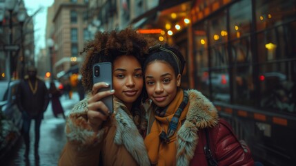 Obraz premium Two African American friends smiling happily while capturing a selfie in the middle of the cityscape, with cars, buildings, winter clothes.