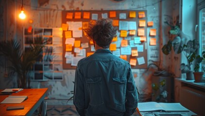 Obraz premium Creative professional stands before a wall covered with colorful sticky notes and documents, contemplating his project in a warmly lit workspace