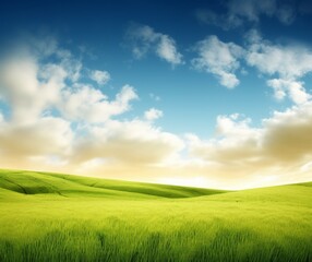 Serene Green Rolling Hills Landscape with Blue Sky and Fluffy Clouds