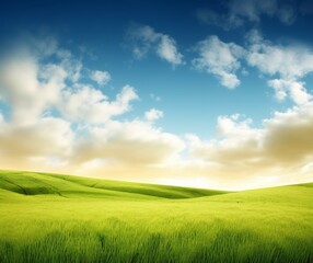 Obraz premium Serene Green Rolling Hills Landscape with Blue Sky and Fluffy Clouds
