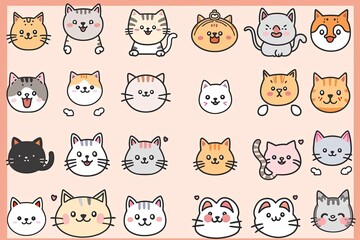 A grid of cute kawaii cat characters in the style of digital art illustration