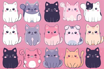 A grid of cute kawaii cat characters in the style of digital art illustration