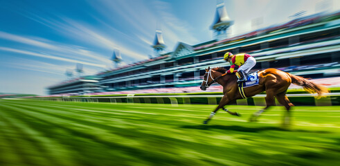 Fototapeta premium Horse racing or derby jockey riding a horse during a race in front of the main stand. Hand edited generative AI.