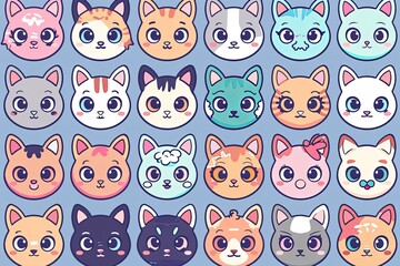 A grid of cute kawaii cat characters in the style of digital art illustration