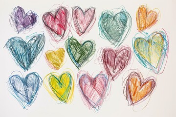 Hearts on a white background drawn in colored pencil and with a scribble texture