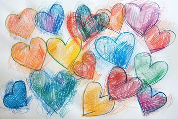 Hearts on a white background drawn in colored pencil and with a scribble texture