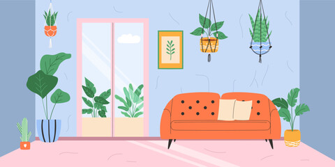 Living room interior with balcony and macrame plant. Vector illustration.