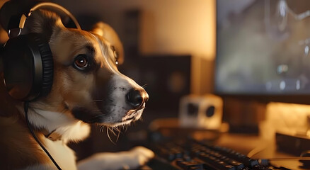 A dog wearing headphones is playing computer games