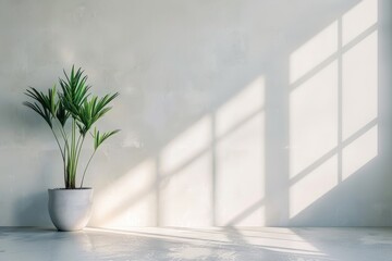 textured white wall with plant and sunlight. copy space wall for mockup or template