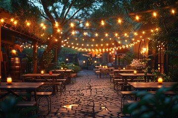 garden party scene with light garland, without people, table set for dinner.