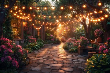 Fototapeta premium garden party scene with light garland, without people, table set for dinner.