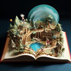 Obraz premium Hidden world inside a book, characters leaping off pages, literary adventure, storytelling papercraft, 3D style